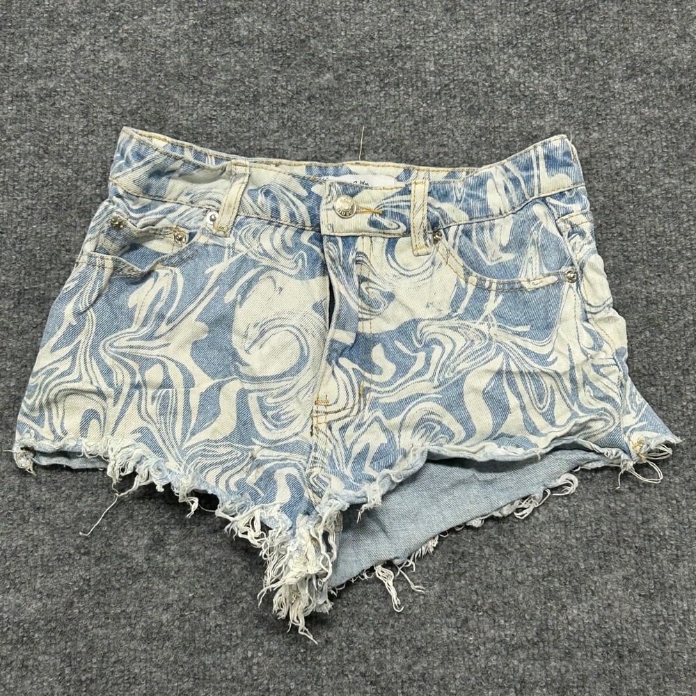 Adika Shorts Womens Size S Blue Marble Swirl Print Raw Hem Denim Festival Boho